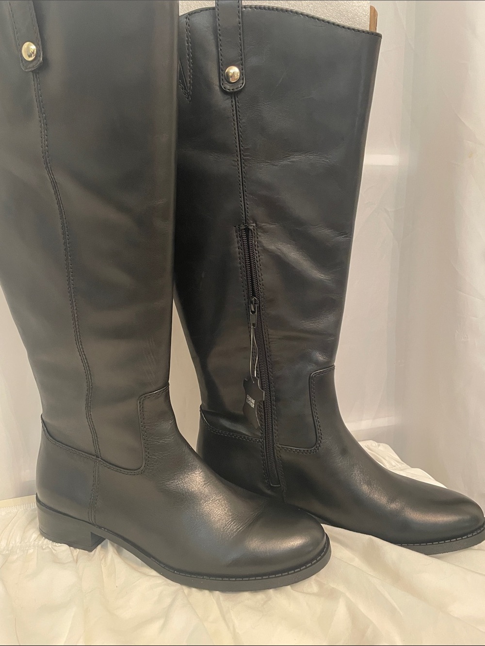 INC Black leather Riding Boots, Wide Calf, 18” Tall, 1” heel, side zip top loops - Picture 13 of 16